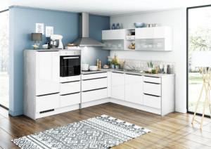 Einbauküche SUSANN 268 inkl E-Geräte und Einbauspüle ca. 283 x 229 cm von Burger Lacklaminat Polarweiß / Concrete Grey | 1