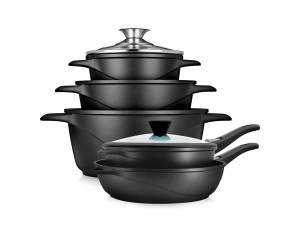 Trem De Cozinha Indução 10 Peças, Alumínio Fundido Antiaderente, 3 Panelas + 2 Frigideira Con Tampas Briebe Mgk1819 Preto (Outlet Caixa Aberta)