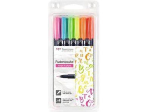 Tombow Marcador Ponta Pincel Fudenosuke, Cores Néon Sortidas, Conjunto 6 Unidades