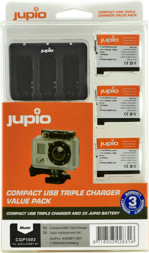 Kit JUPIO Carregador USB Triplo e 3 Baterias AHBDT-401 HERO 4
