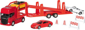 Samochody zabawki Transporter z lawetą Super Truck Scania V8 i 3 metalowe autka Goki- sklep z zabawkami online