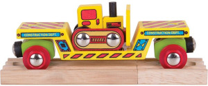 Drewniany wagon transportowy z buldożerem Bigjigs Rail kolejki dla dzieci- sklep z zabawkami online