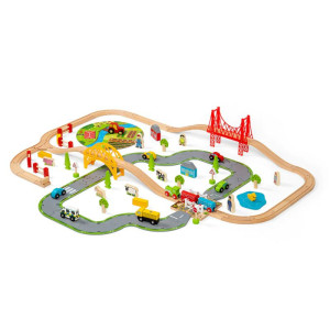 Drewniana kolejka z zestawem dróg i obszarów wiejskich, 80 elementów, Bigjigs Rail- sklep z zabawkami online