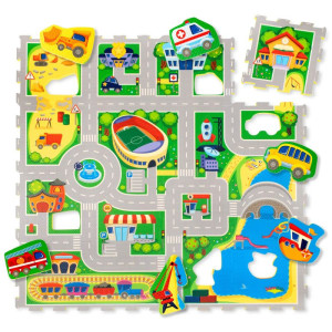 Puzzle na podłogę dla dzieci Mata piankowa Miasto i wyjmowane pojazdy 120x120 cm Hakuna Matte- sklep z zabawkami online