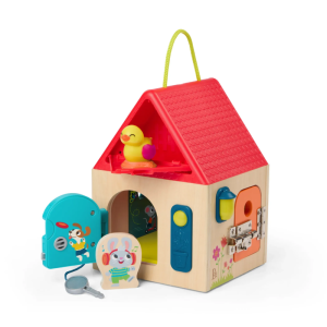 Domek manipulacyjny drewniany z zamkami B.Toys BX2416 kolorowa zabawa sensoryczna- sklep z zabawkami online