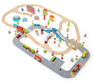 Kolejka drewniana z trasą drogową 105 elementów Bigjigs Rail- sklep z zabawkami online
