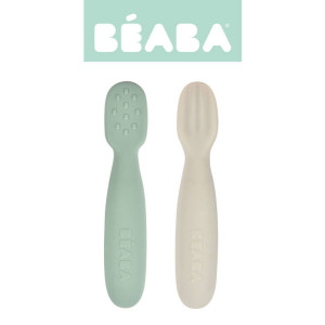 Beaba Zestaw 2 silikonowych pierwszych łyżeczek-gryzaków Sage green/velvet grey- sklep z zabawkami online