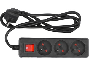 Przedłużacz elektryczny, czarny, 3 gniazda z uziemieniem, 1,5m z wyłącznikiem. 72625 VOREL