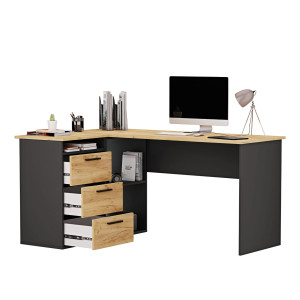 Biurko szkolne narożne Aga - Czarne/ Dąb Złoty - YRKE