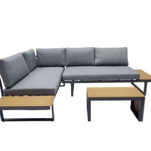 Aluminiowy zestaw mebli ogrodowych – Wielofunkcyjny narożnik ze stolikiem Antracyt / Teak