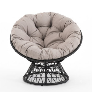 Fotel rattanowy stojący Papasan 92 cm Czarny z poduszką jasnoszarą