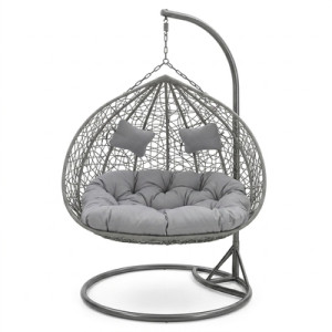 Fotel rattanowy wiszący 132x118 cm srebrny szary z poduszką jasnoszarą