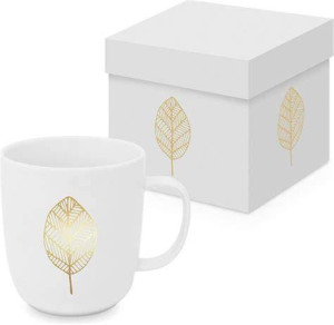 Kubek porcelanowy 400 ml - biały ze złotym liściem