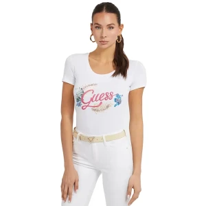 T shirt Guess broderie logo frontale Femme Blanc XS