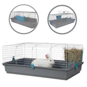 AquosPlast Królik 100 Duża i Komfortowa Klatka Dla Królika Świnki Morskiej 100x55x40cm + PAŚNIK Szaro-Niebieska