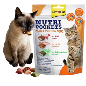 GimCat Nutri Pockets MALT MIX Przysmak Smaczek Przekąska dla Kota Poduszeczki z Nadzieniem Mix 3 Smaków Wołowina, Łosoś, Kocimiętka 150g