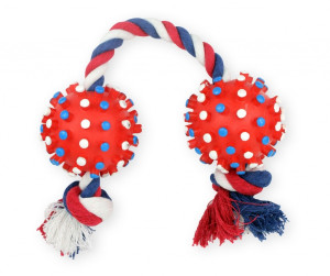 PET NOVA Dwie piłki jeż na sznurku 50cm - czerwone