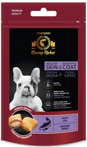 CHAMP-RICHER Smakołyki skóra i sierść z dorszem 90g