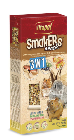 VITAPOL Smakers Snack 3w1 (orzechowy, owoce lasu, popcorn) dla gryzoni i królika 3 szt 135 g