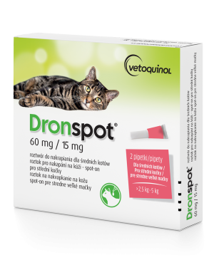 VETOQUINOL Dronspot 60 mg / 15 mg dla średnich kotów o wadze 2,5 do 5 kg (2 pipety)