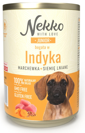NEKKO Junior indyk, marchewka i siemię lniane 400g (puszka)
