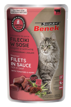 SUPER BENEK Bezzbożowe fileciki z wołowiną i pomidorami w sosie 85g
