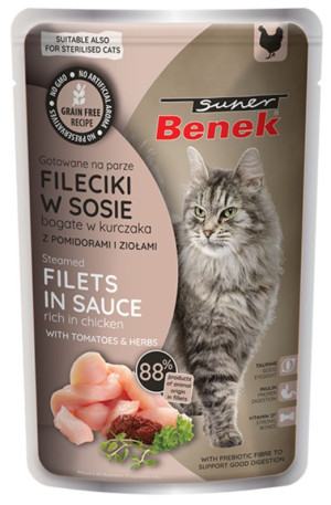 SUPER BENEK Bezzbożowe fileciki kurczaka z pomidorami i ziołami w sosie 85g