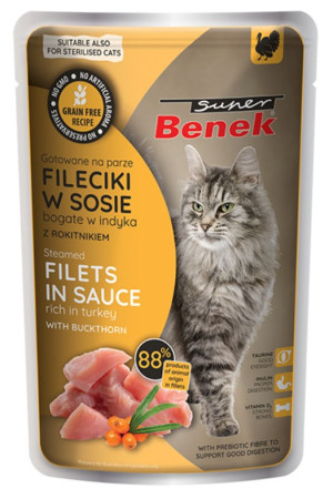 SUPER BENEK Bezzbożowe fileciki z indyka z rokitnikiem w sosie 85g