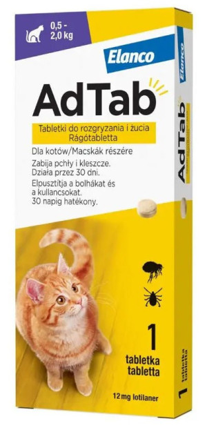 ELANCO AdTab Cat 0,5 - 2,0 kg / 1 tabl. (12 mg) - tabletka na pchły i kleszcze