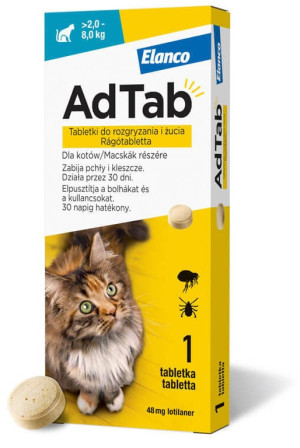 ELANCO AdTab Cat 2,0 - 8,0 kg / 1 tabl. (48 mg) - tabletka na pchły i kleszcze