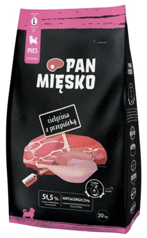 PAN MIĘSKO Cielęcina z przepiórką dla szczeniąt - rozmiar chrupek: L (duży) 20kg