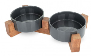 BARRY KING Zestaw 2 misek ceramicznych dla kota na drewnianym stojaku 12 cm - ciemnoszare