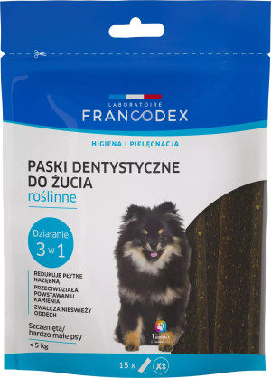 FRANCODEX Paski do gryzienia XS usuwające kamień i brzydki zapach z pyska 114g/15 pasków