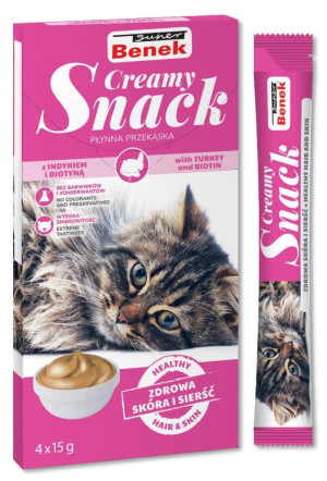 SUPER BENEK Creamy Snack - płynna przekąska dla kotów z indykiem i biotyną 4x 15g
