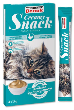 SUPER BENEK Creamy Snack - płynna przekąska dla kotów z kurczakiem i kocią trawką 4x 15g