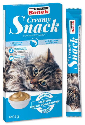 SUPER BENEK Creamy Snack - płynna przekąska dla kotów z łososiem i inuliną 4x 15g
