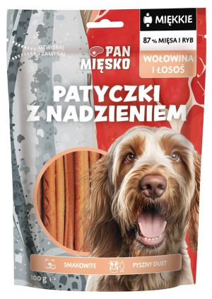 PAN MIĘSKO Przysmak dla psa Patyczki z nadzieniem Wołowina i Łosoś 100g