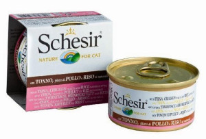 SCHESIR Cat Tuńczyk z filetami z kurczaka i ryżem 85g (puszka)