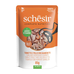 SCHESIR karma mokra dla kotów tuńczyk z kurczakiem i krewetkami w galarecie 85g (saszetka)