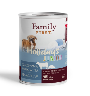 FAMILY FIRST HOLIDAYS Puszka dla psa Dziczyzna/wołowina/marchew 400g