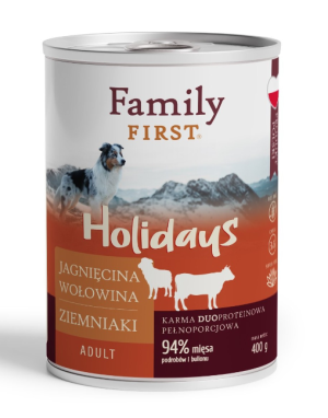 FAMILY FIRST HOLIDAYS Puszka dla psa Jagnięcina/wołowina/ziemniaki 400g