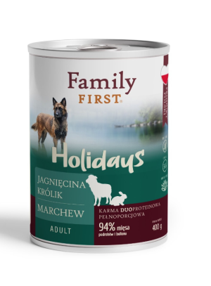 FAMILY FIRST HOLIDAYS Puszka dla psa Jagnięcina/królik/marchew 400g