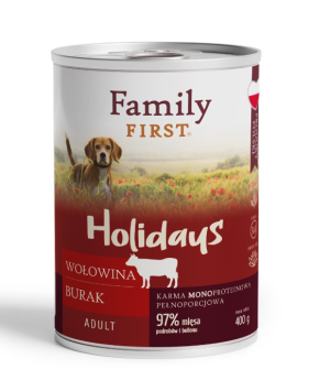 FAMILY FIRST HOLIDAYS Puszka dla psa Wołowina/burak 400g