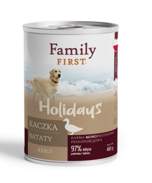 FAMILY FIRST HOLIDAYS Puszka dla psa Kaczka/bataty 400g