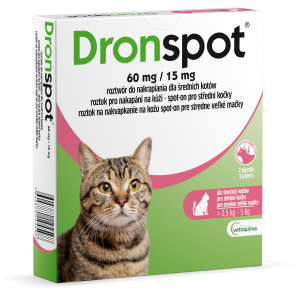 VETOQUINOL Dronspot 60 mg / 15 mg dla średnich kotów o wadze 2,5 do 5 kg (2 pipety)
